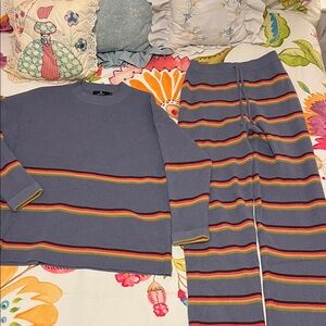 Cozy Women's Sweater Set - Blue with Multicolor Stripes